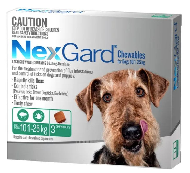 NexGard - Medium Dogs 10.1-25kg Flea, Tick, Lice & Mite (Green)