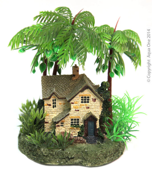 Aqua One - Ornament Mini Cottage With Palm Trees On Rock